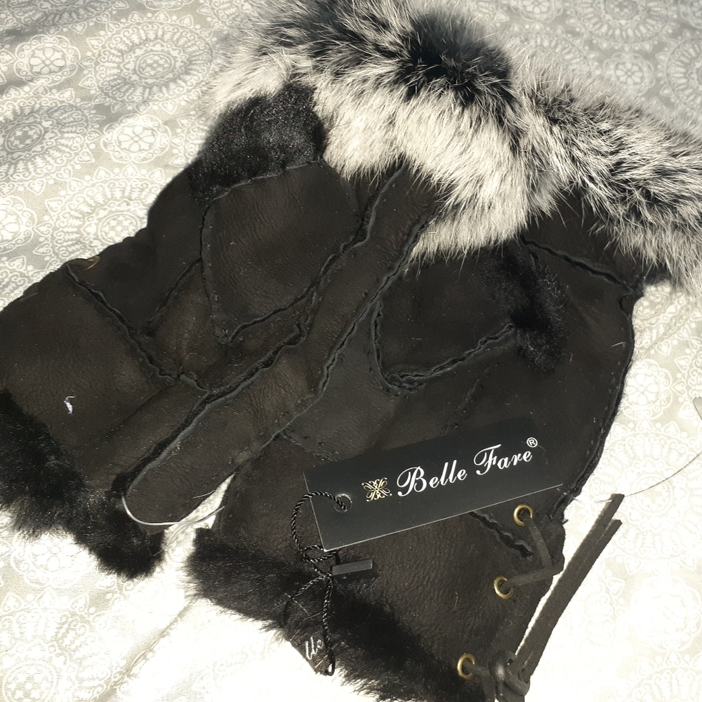 Lamb Skin Rabbit Fur Fingerless Mittens